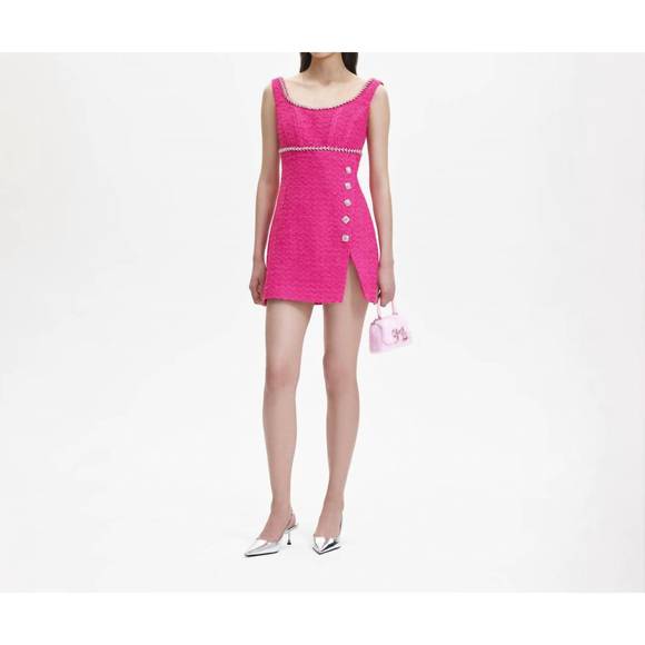 NEW SELF-PORTRAIT boucle mini dress in fuchsia - Picture 3 of 5